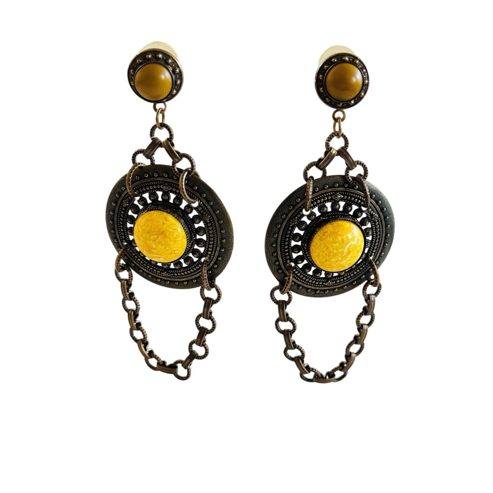 Statement‎ Earrings VTG Lucite Cabochon Pierced Chain Dangle Runway Chunky 80s